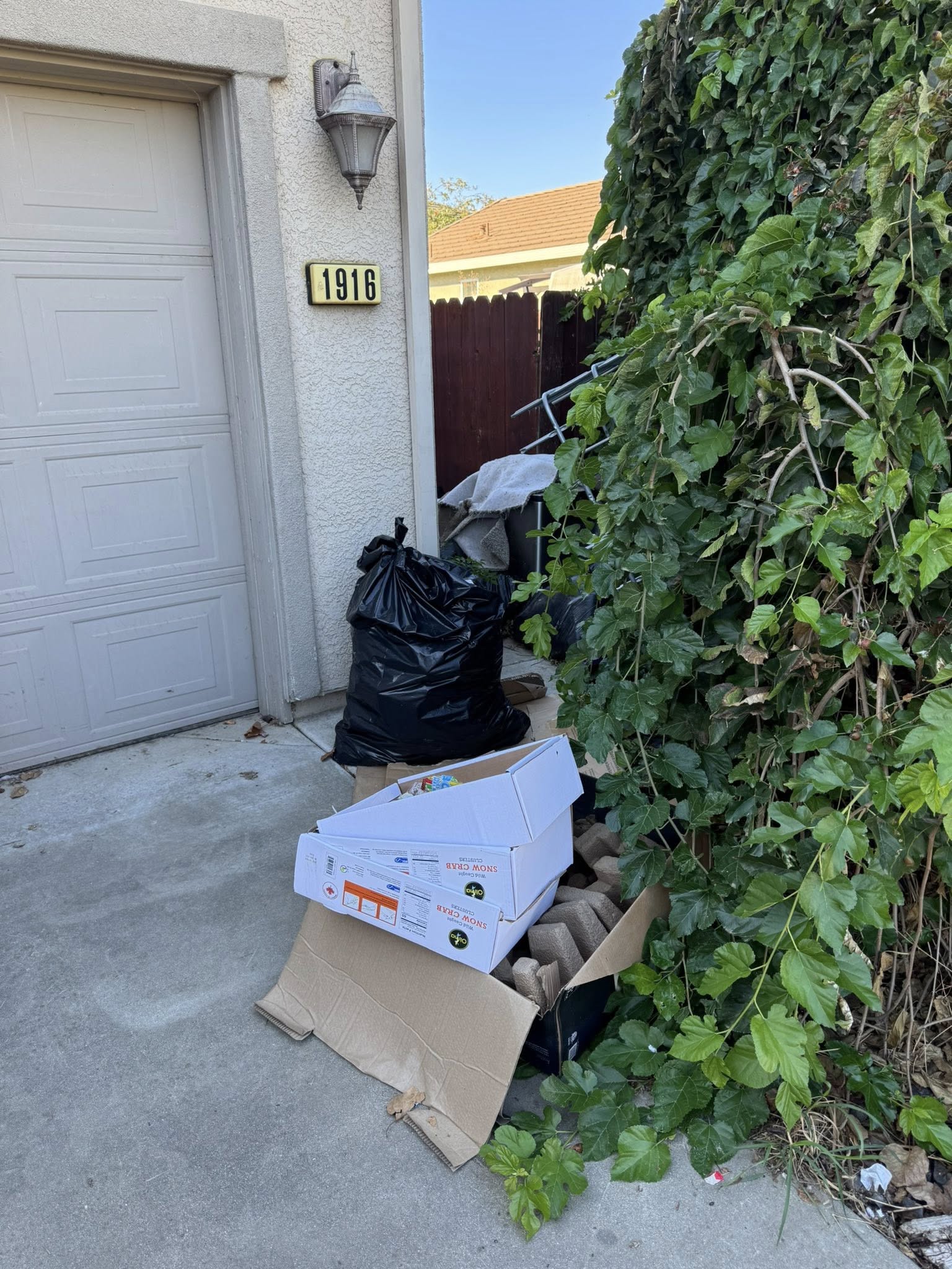 Before: driveway entry cluttered with bags and boxes
